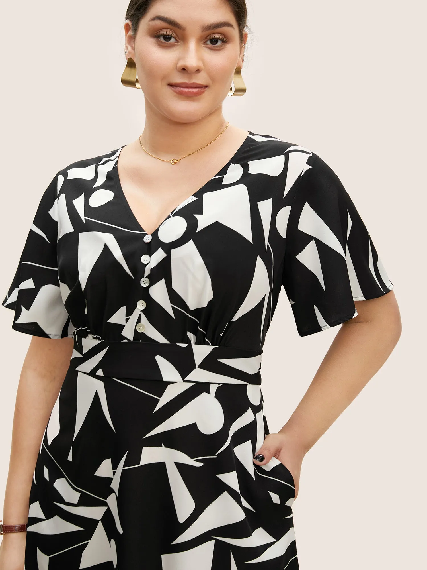 Geometric Button Detail Flutter Sleeve Midi Dress sold by Bloomchic product image thumbnail 4