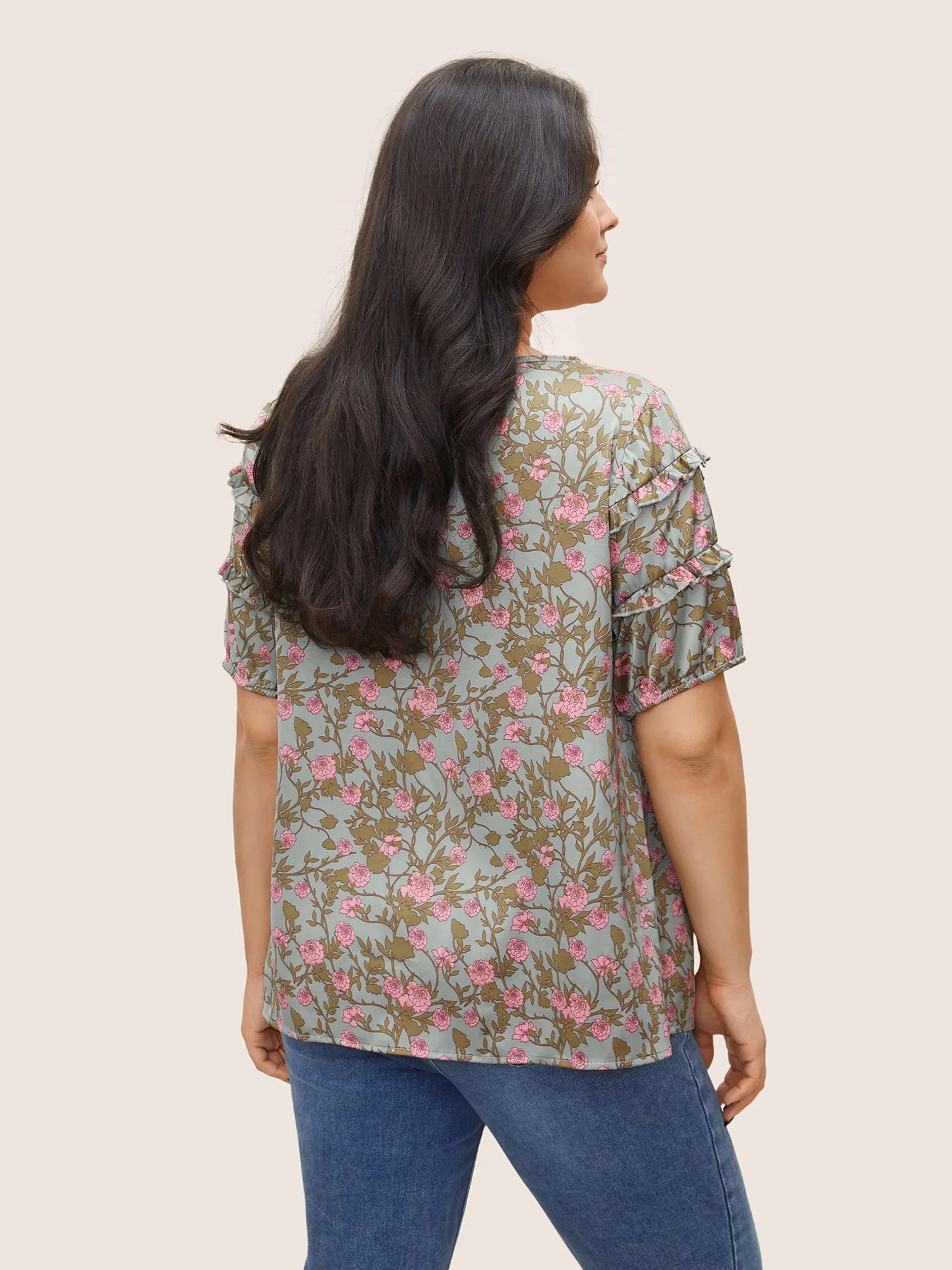 Floral Print Frill Trim Knot Neck Blouse sold by Bloomchic product image thumbnail 4