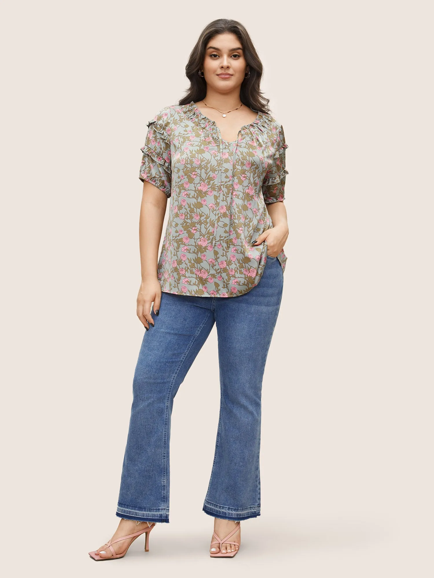 Floral Print Frill Trim Knot Neck Blouse sold by Bloomchic product image thumbnail 2