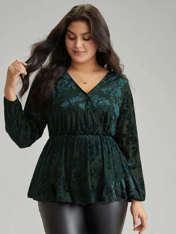 Silhouette Floral Print Plain Velvet Texture Wrap Blouse sold by Bloomchic