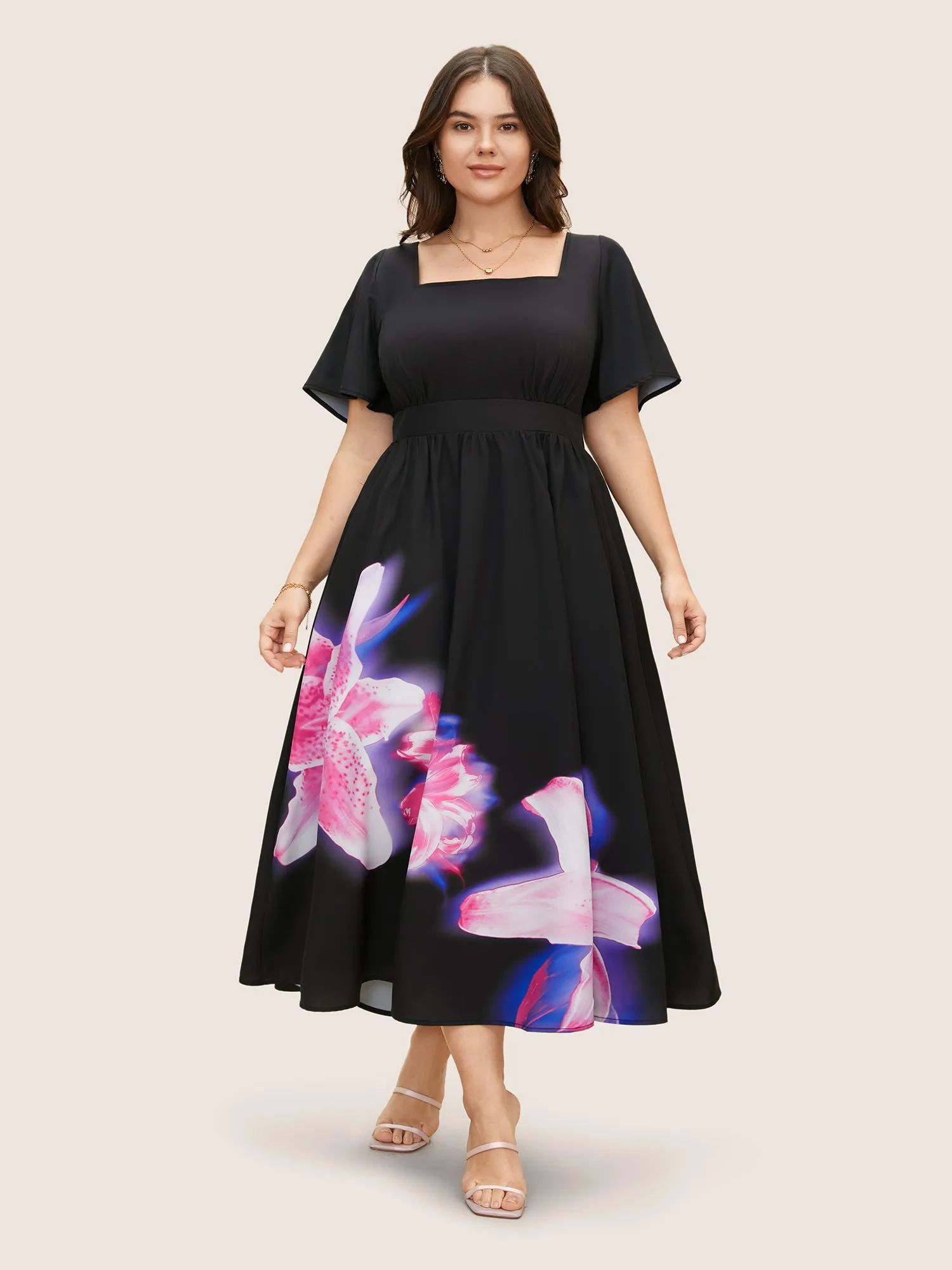 Lily Print Square Neck Ruffle Sleeve Midi Dress sold by Bloomchic