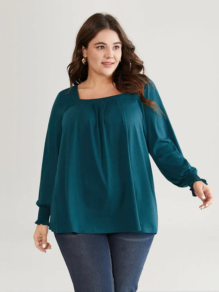 Square Neck Pleated Shirred Lantern Sleeve T-shirt sold by Bloomchic