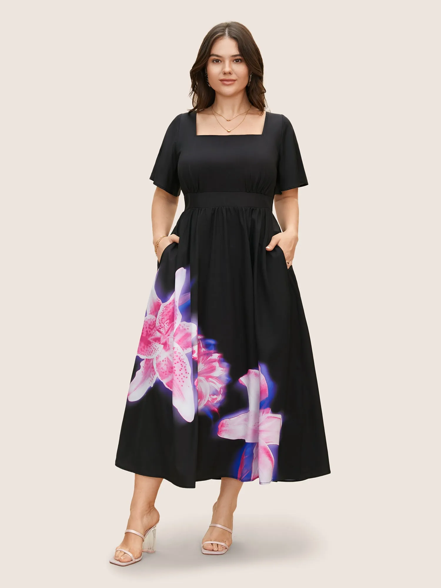 Lily Print Square Neck Ruffle Sleeve Midi Dress sold by Bloomchic product image thumbnail 3