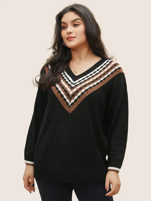 V Contrast Striped Patchwork Knit Pullover sold by Bloomchic