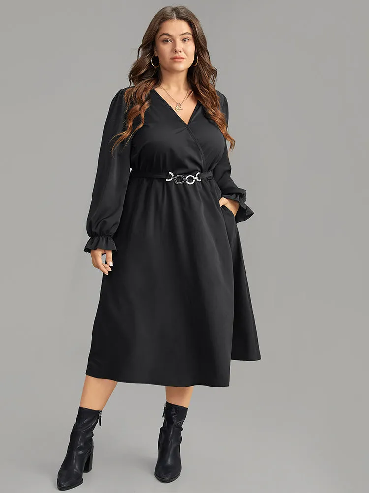 Twill Wrap Belted Buckle Detail Pleated Dress sold by Bloomchic