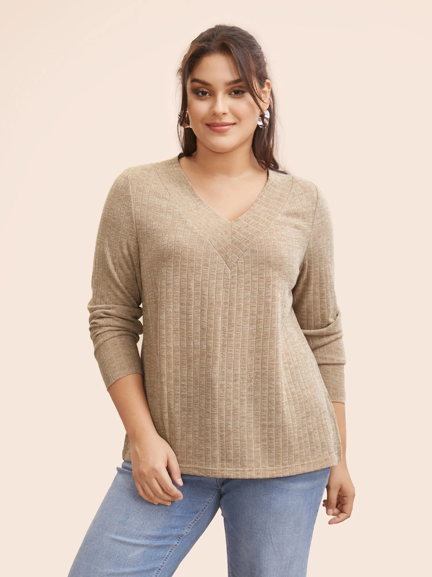 Solid V Neck Rib Knit T-shirt sold by Bloomchic