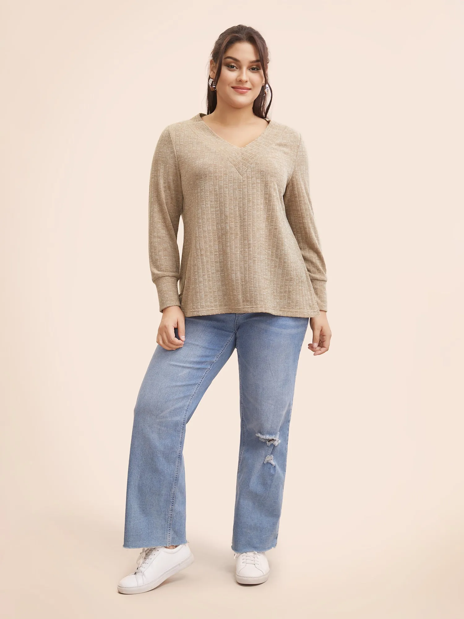 Solid V Neck Rib Knit T-shirt sold by Bloomchic product image thumbnail 3