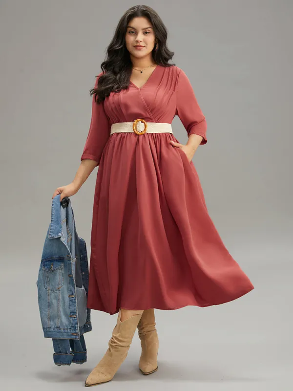 Plain Pleated Gathered Wrap Pocket Dress sold by Bloomchic
