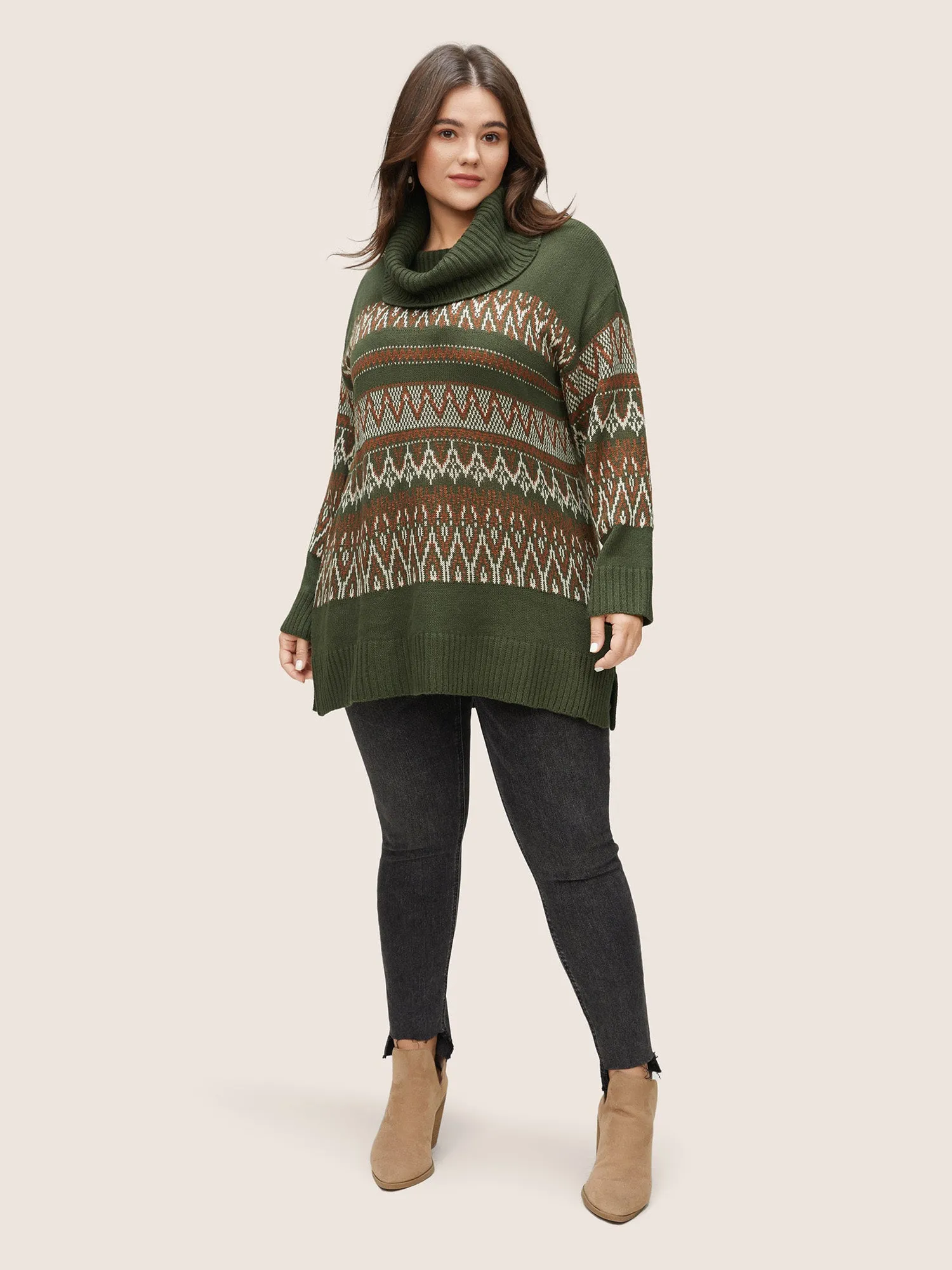 Geo Pattern Split Side Turtle Neck Jacquard Pullover sold by Bloomchic product image thumbnail 3
