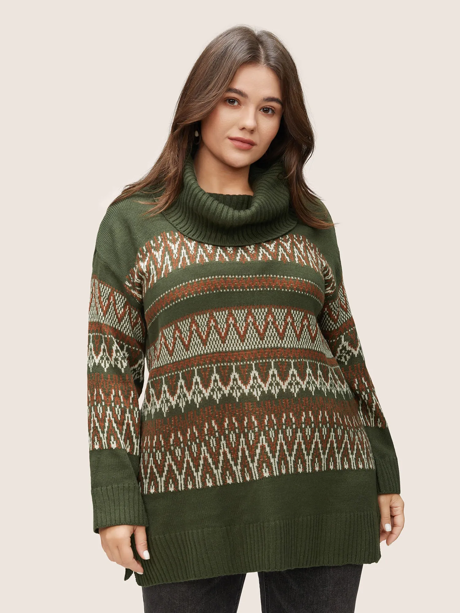 Geo Pattern Split Side Turtle Neck Jacquard Pullover sold by Bloomchic