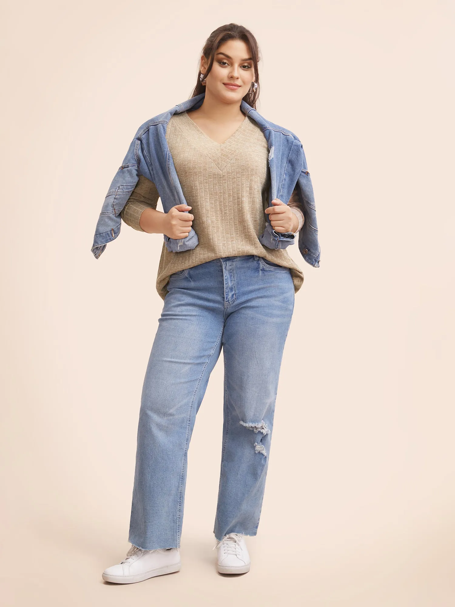 Solid V Neck Rib Knit T-shirt sold by Bloomchic product image thumbnail 4