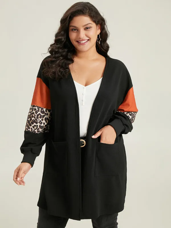 Halloween Leopard Patchwork Rib Knit Patched Pocket Kimono sold by Bloomchic