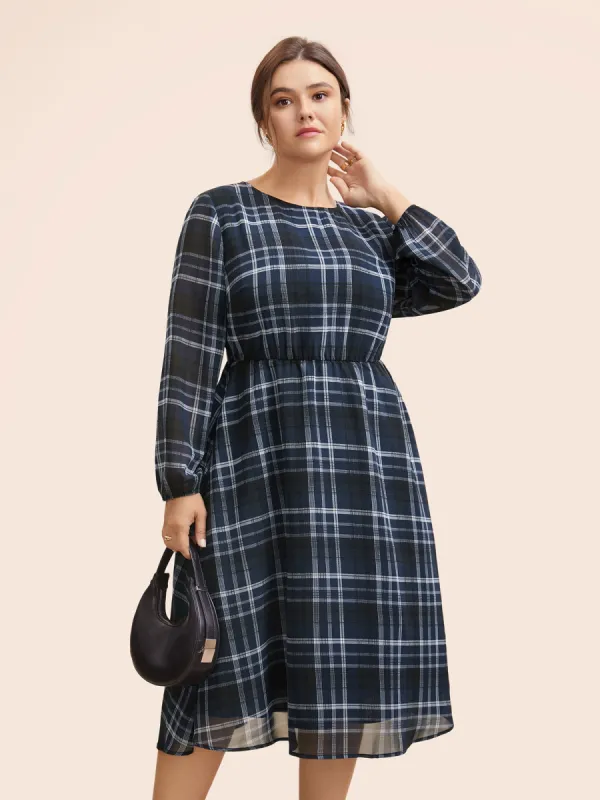 Plaid Round Neck Lantern Sleeve Dress sold by Bloomchic
