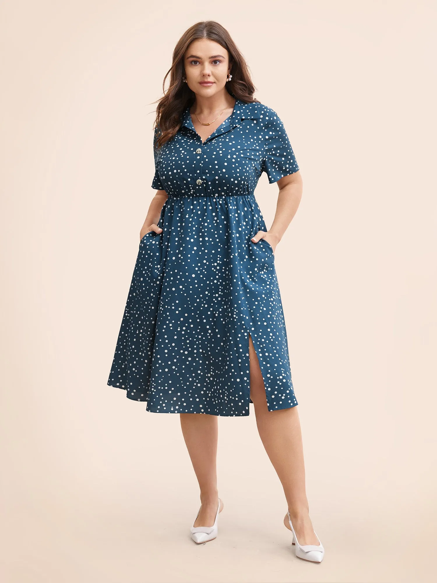 Polka Dot Button Detail Split Hem Midi Dress sold by Bloomchic