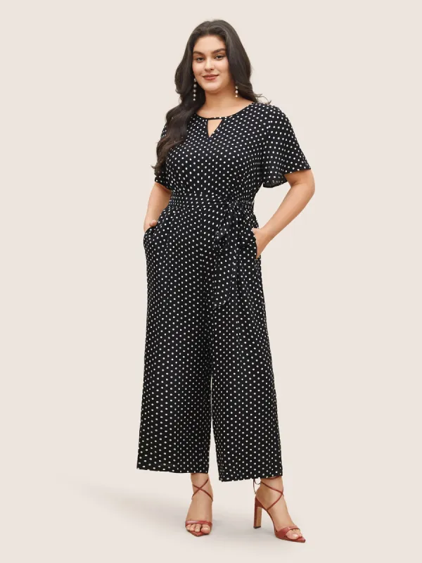 Polka Dot Cut Out Zipper Belted Jumpsuit sold by Bloomchic