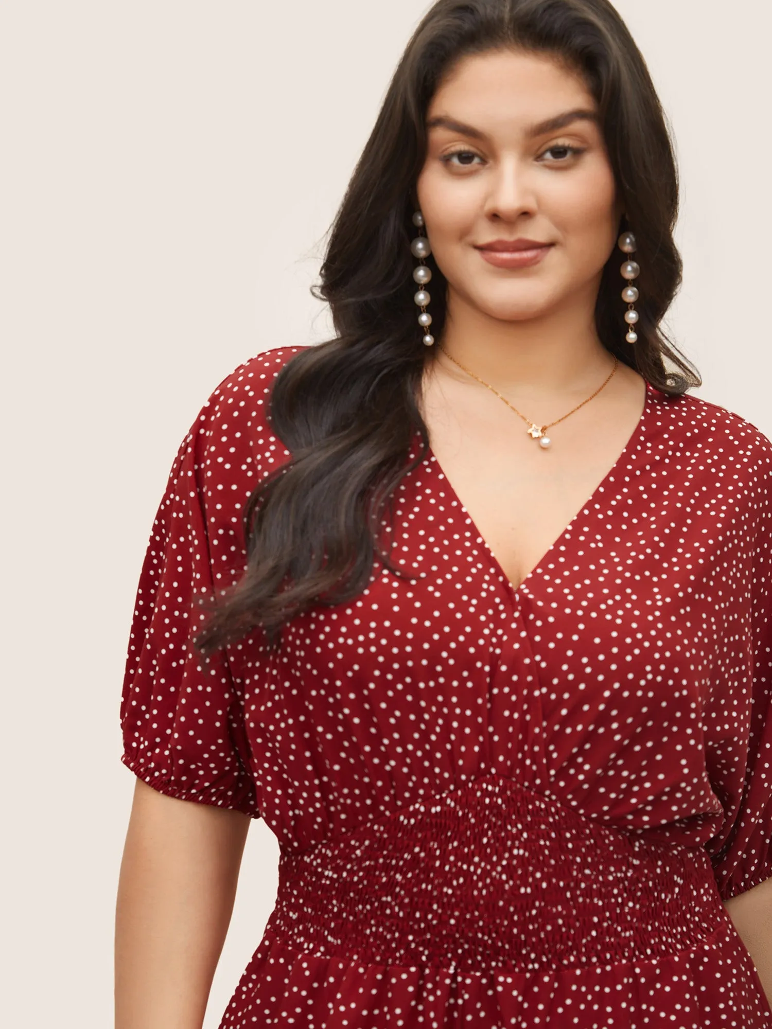 Polka Dot Overlap Collar Shirred Jumpsuit sold by Bloomchic product image thumbnail 4