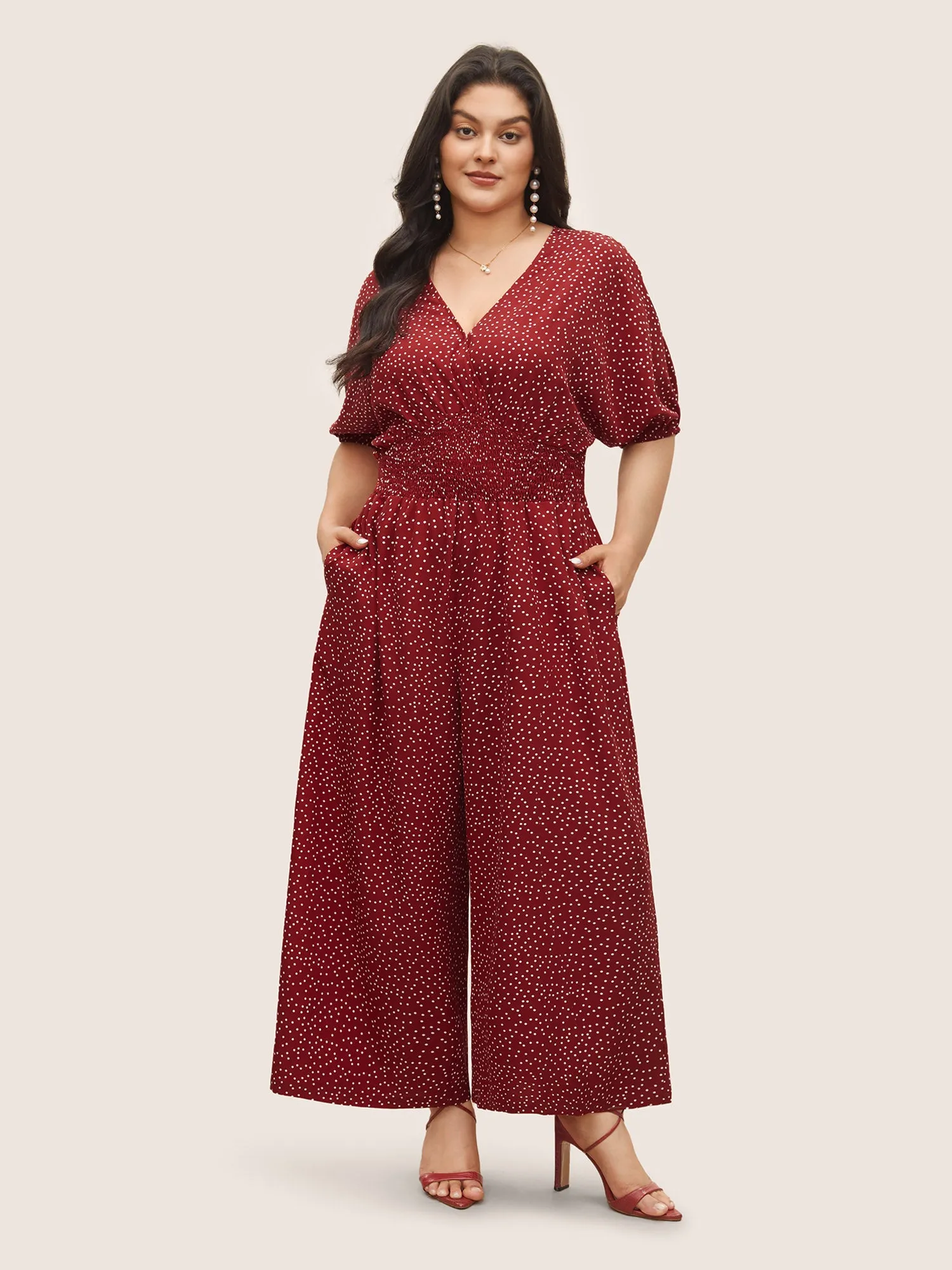 Polka Dot Overlap Collar Shirred Jumpsuit sold by Bloomchic product image thumbnail 2