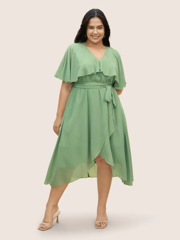 Solid Overlap Collar Mesh Ruffles Dress sold by Bloomchic