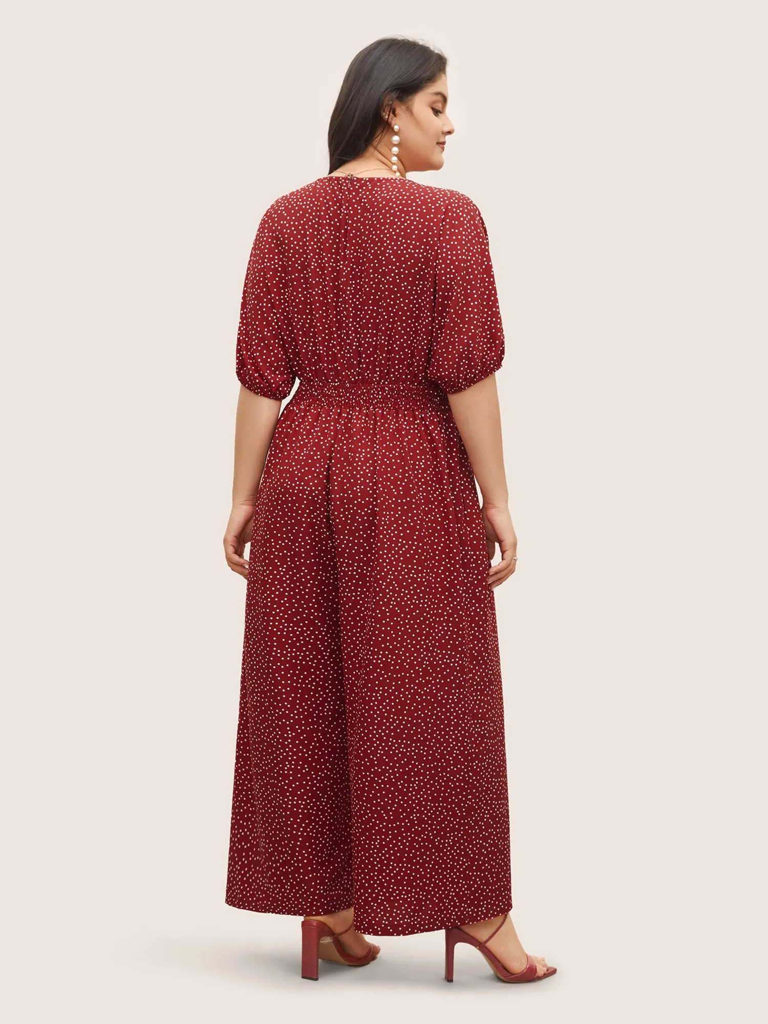 Polka Dot Overlap Collar Shirred Jumpsuit sold by Bloomchic product image thumbnail 3