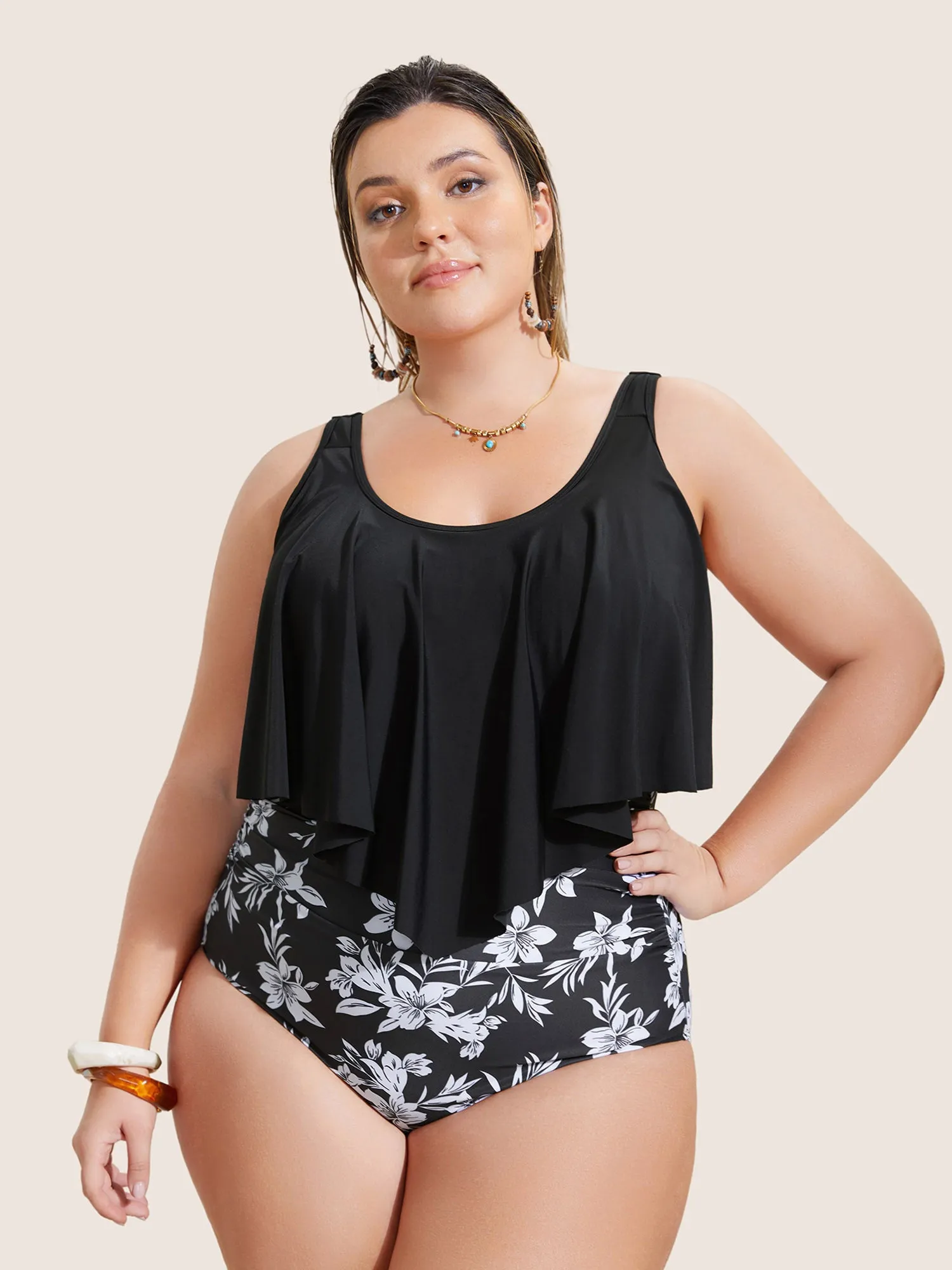 Floral Patchwork Tiered Ruffles One Piece Swimsuit sold by Bloomchic