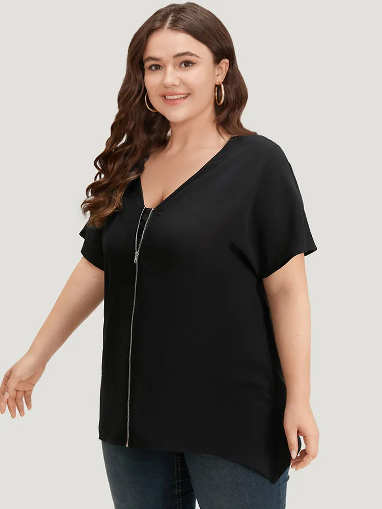 Plain Zipper Curved Hem Blouse sold by Bloomchic product image thumbnail 2