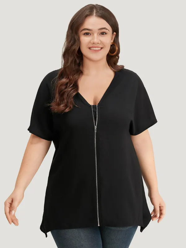 Plain Zipper Curved Hem Blouse made by Bloomchic