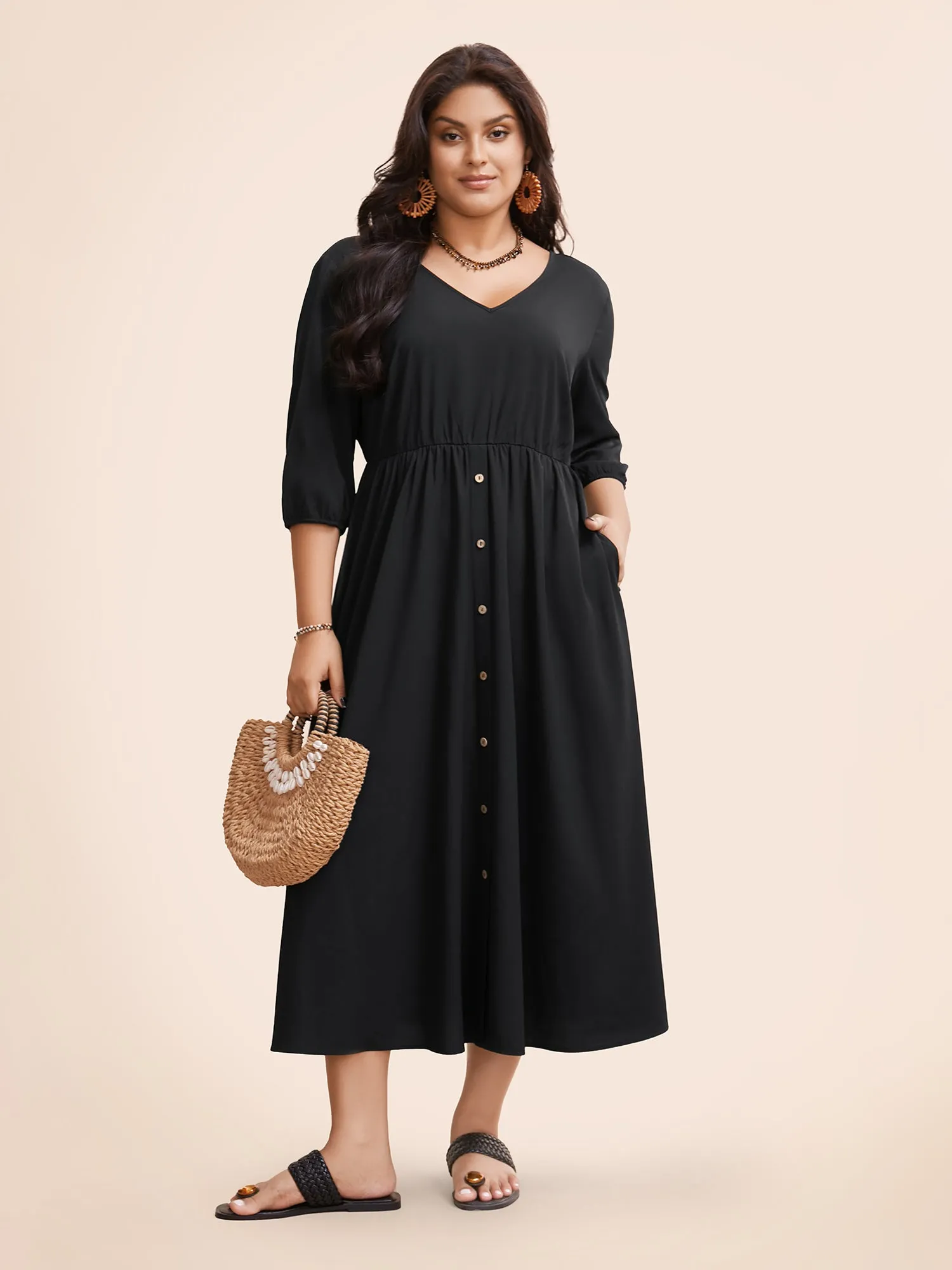 Lace Panel Button Detail Elastic Waist Dress sold by Bloomchic