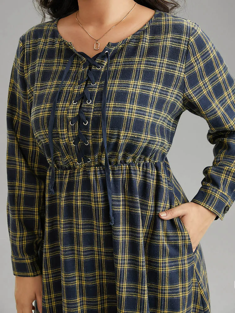 Plaid Elastic Waist Lace Up Ties Dress sold by Bloomchic product image thumbnail 4