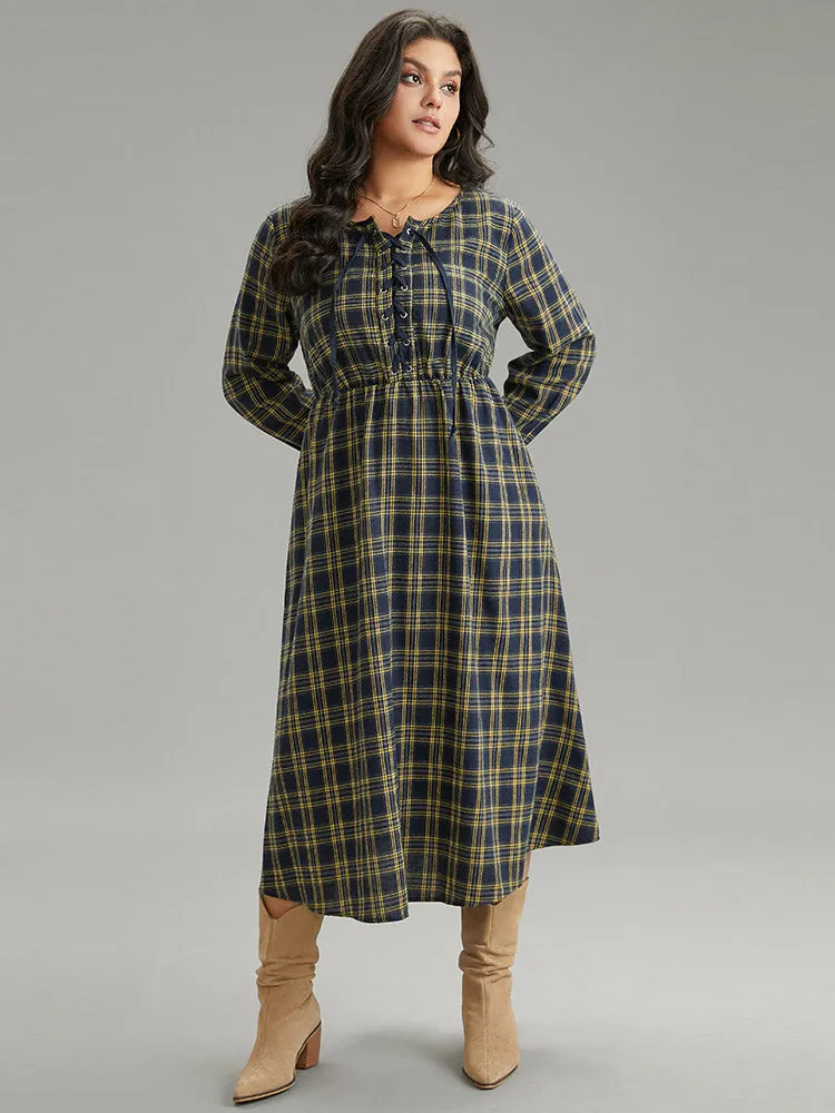 Plaid Elastic Waist Lace Up Ties Dress sold by Bloomchic