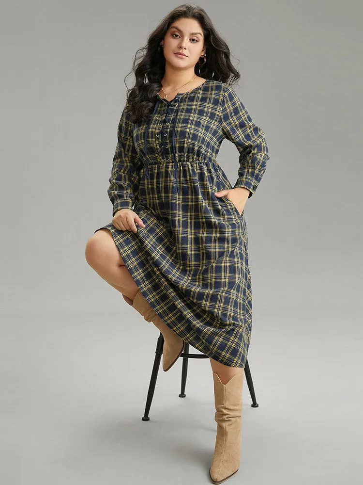 Plaid Elastic Waist Lace Up Ties Dress sold by Bloomchic product image thumbnail 2