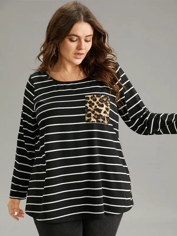Leopard Striped Patchwork Contrast Pocket T-shirt sold by Bloomchic
