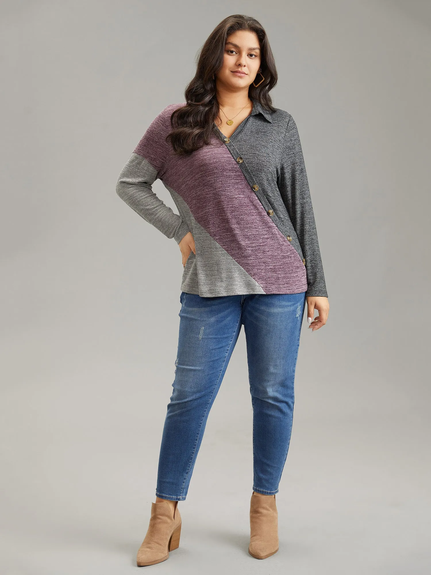 Contrast Heather V Neck Button Detail T-shirt sold by Bloomchic product image thumbnail 3