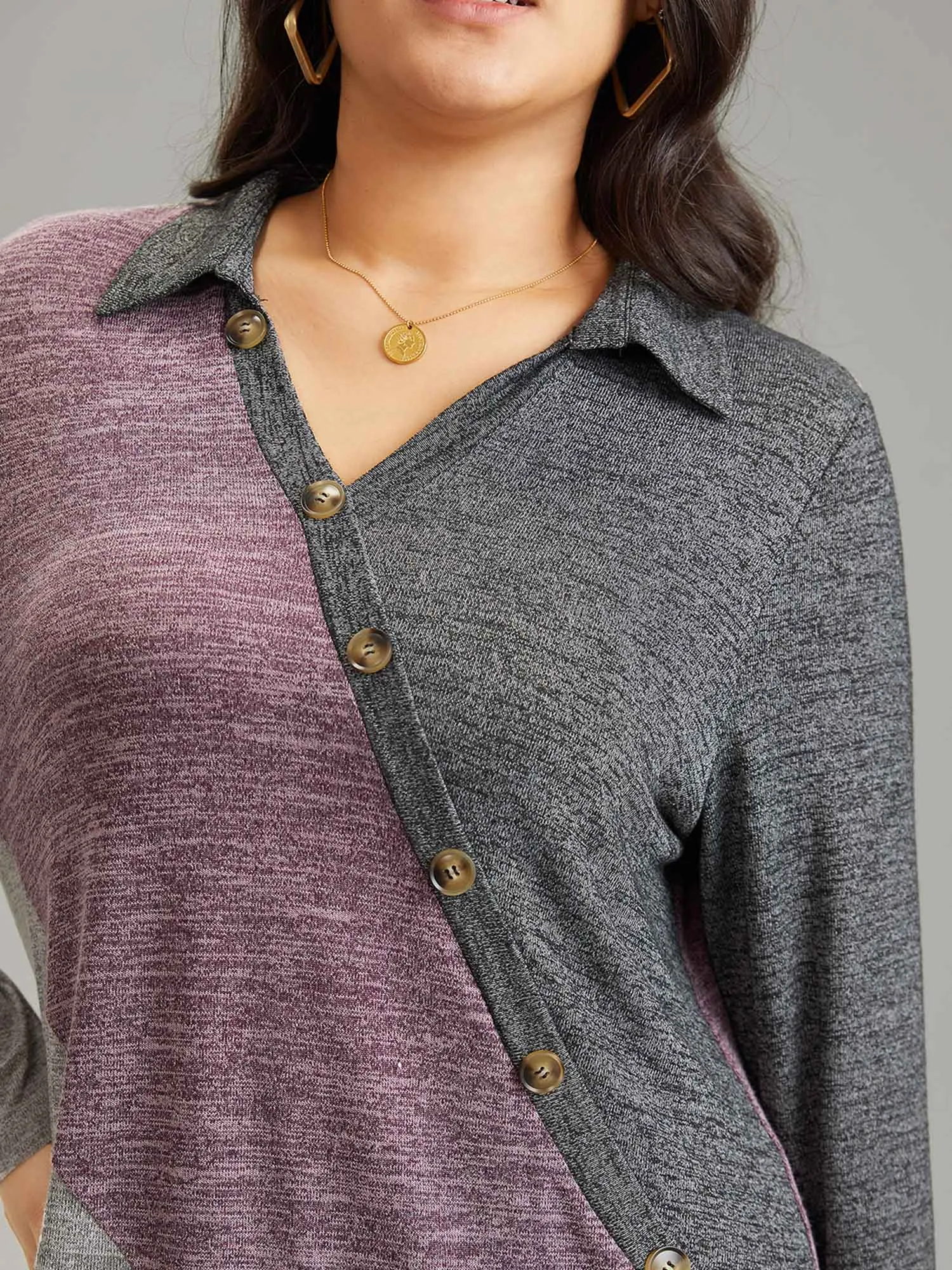 Contrast Heather V Neck Button Detail T-shirt sold by Bloomchic product image thumbnail 4