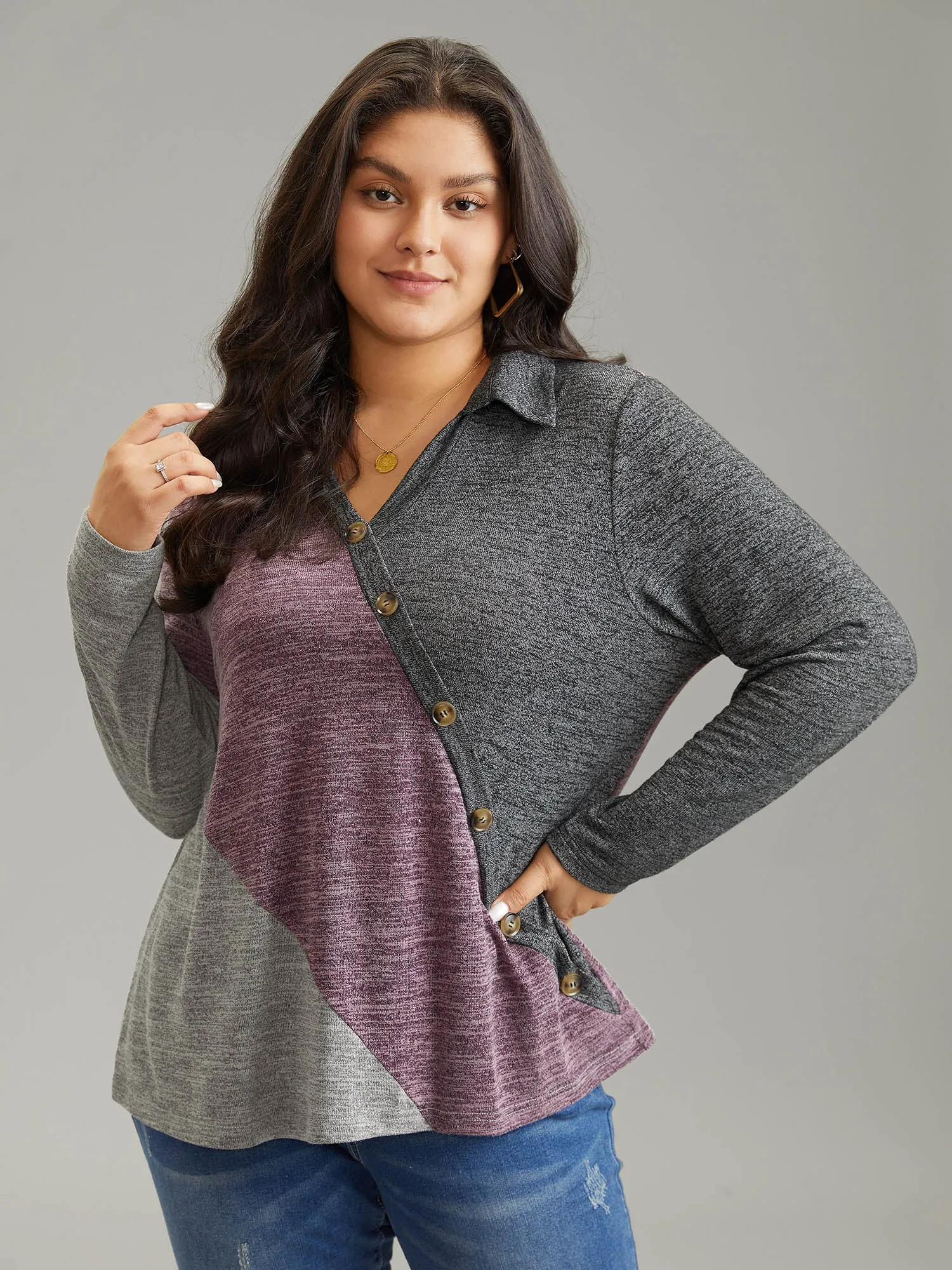 Contrast Heather V Neck Button Detail T-shirt sold by Bloomchic