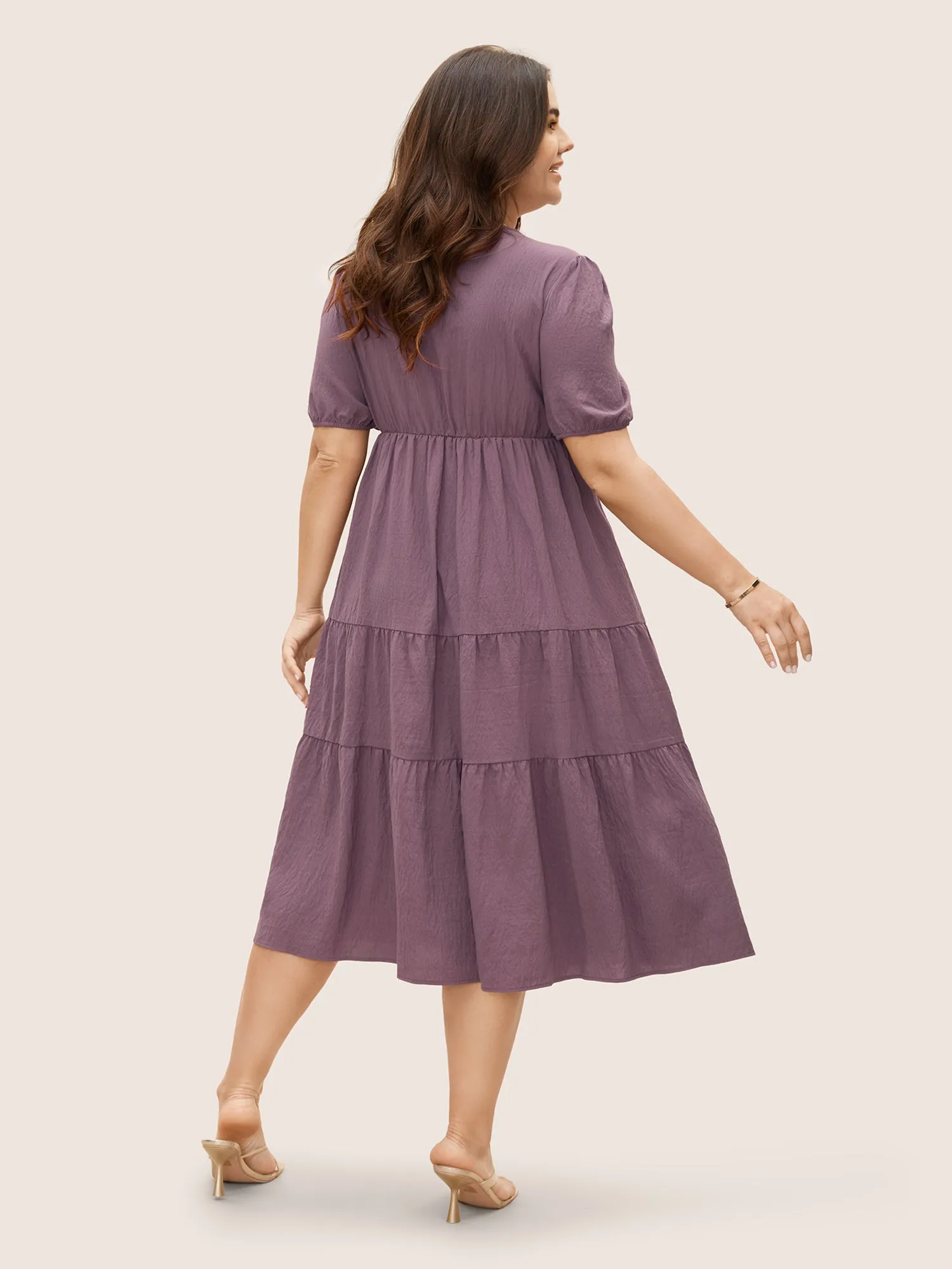 Plain Textured Button Detail Lantern Sleeve Dress sold by Bloomchic product image thumbnail 3