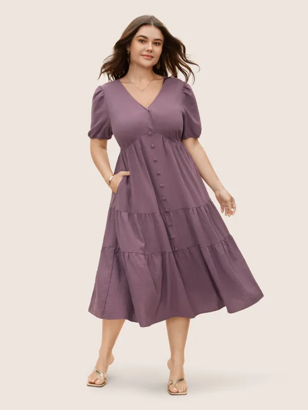 Plain Textured Button Detail Lantern Sleeve Dress sold by Bloomchic