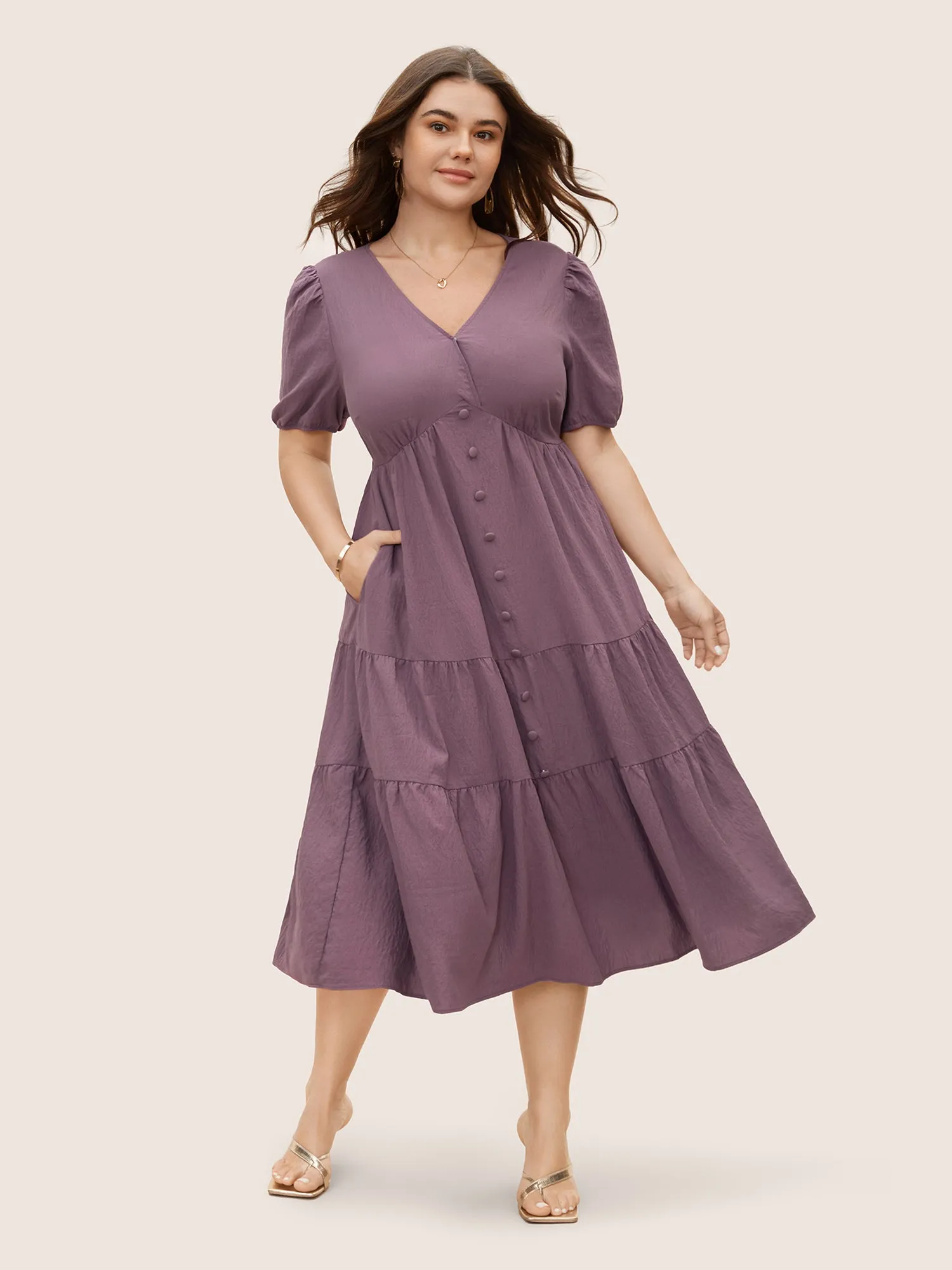Plain Textured Button Detail Lantern Sleeve Dress sold by Bloomchic