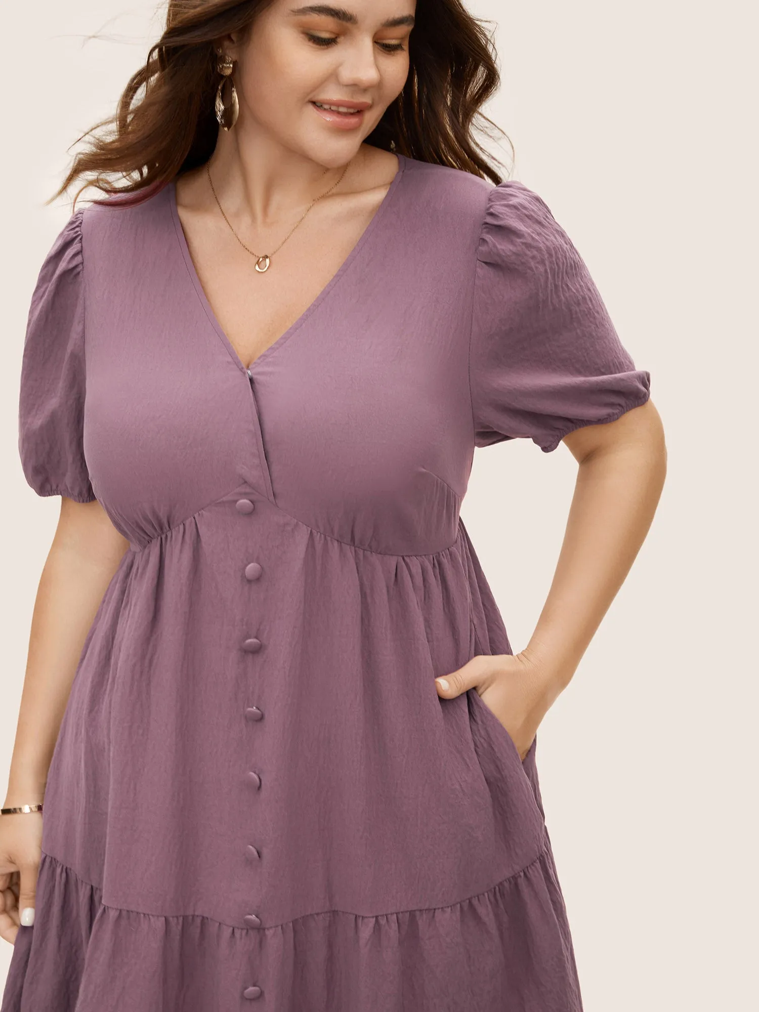 Plain Textured Button Detail Lantern Sleeve Dress sold by Bloomchic product image thumbnail 4