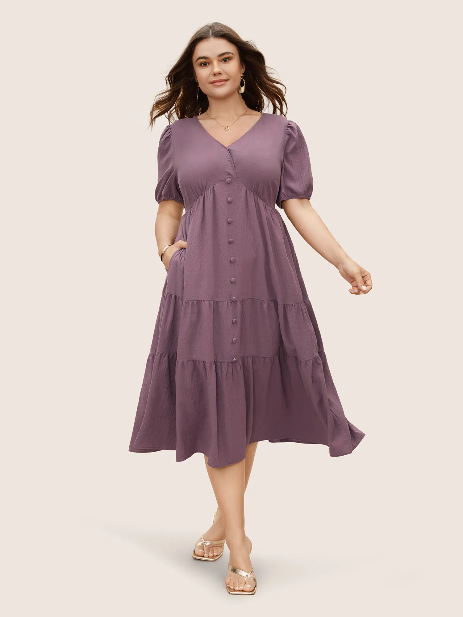 Plain Textured Button Detail Lantern Sleeve Dress sold by Bloomchic product image thumbnail 2