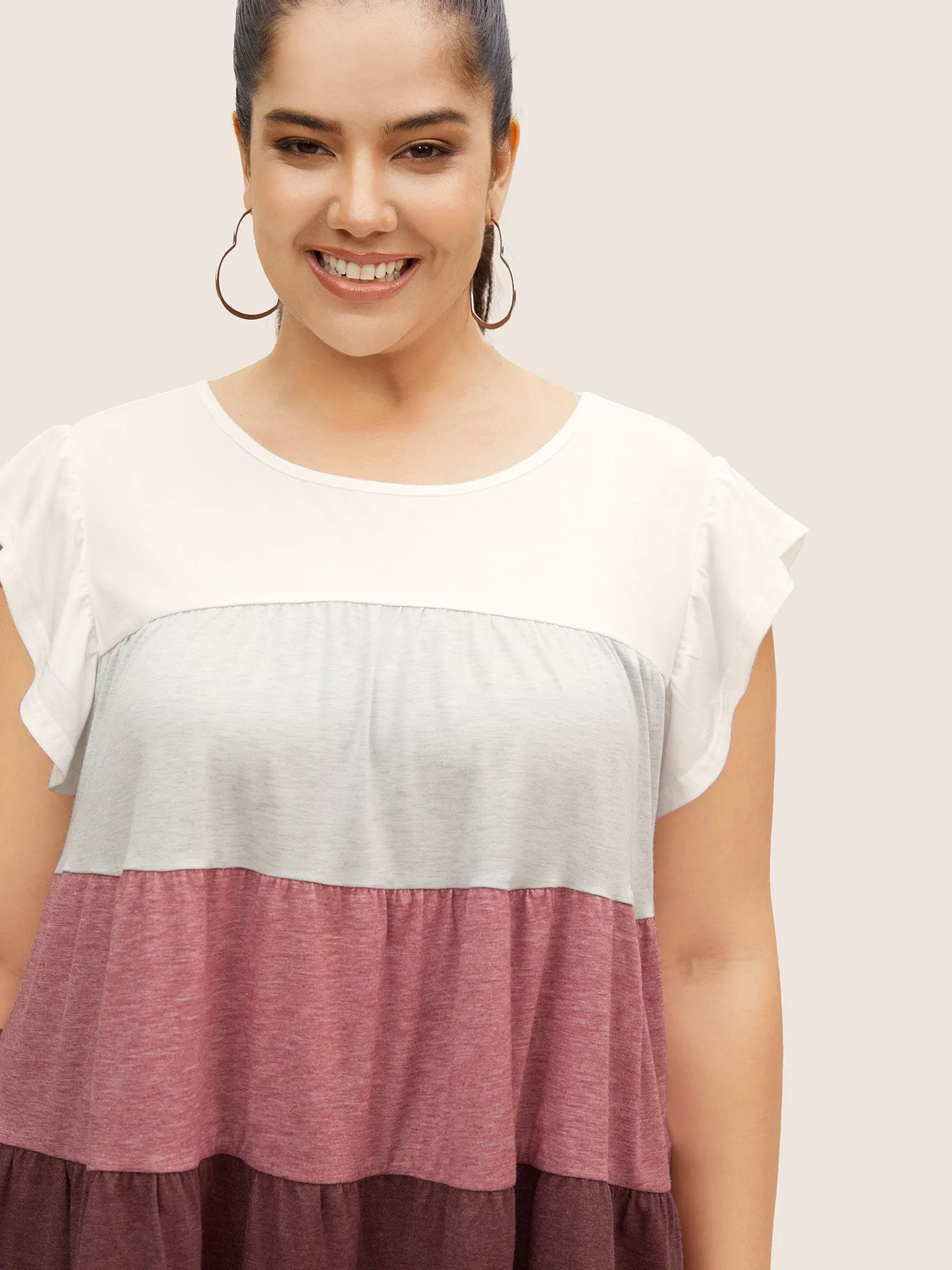 Colorblock Contrast Ruffle Cap Sleeve T-shirt sold by Bloomchic product image thumbnail 3