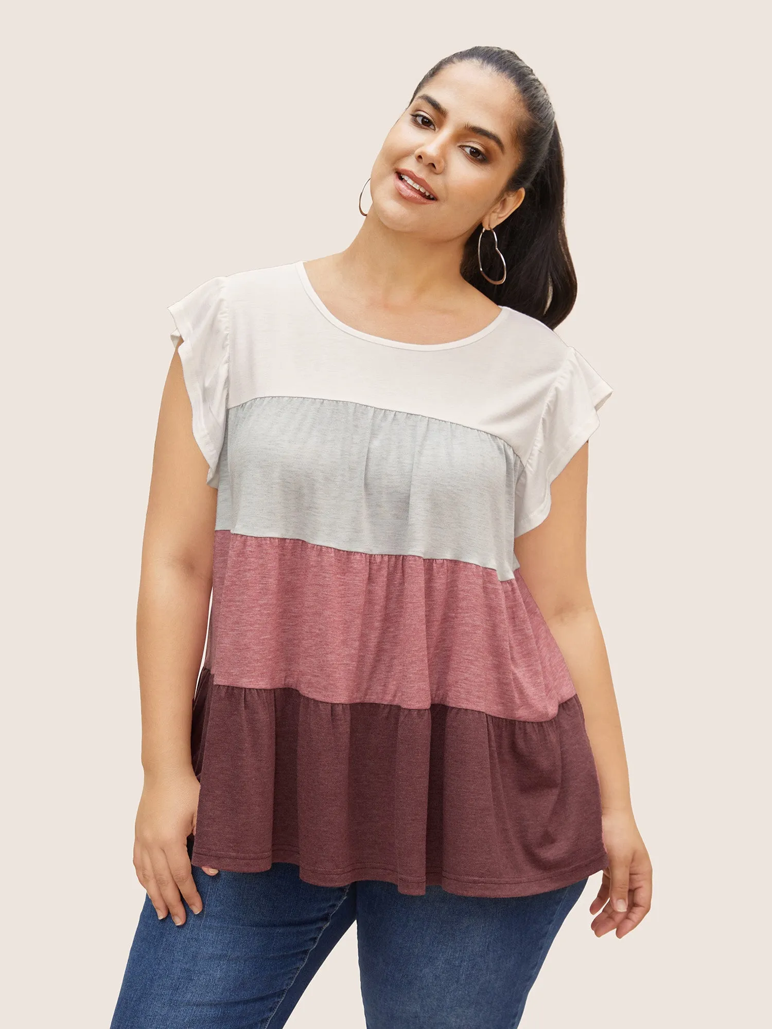 Colorblock Contrast Ruffle Cap Sleeve T-shirt sold by Bloomchic