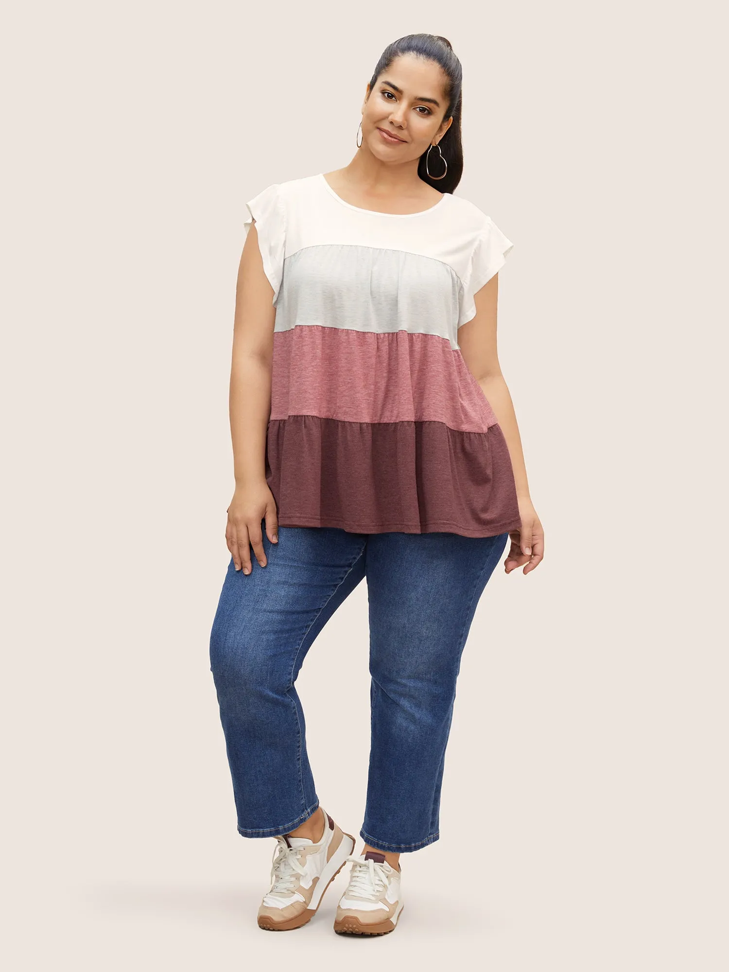 Colorblock Contrast Ruffle Cap Sleeve T-shirt sold by Bloomchic product image thumbnail 4