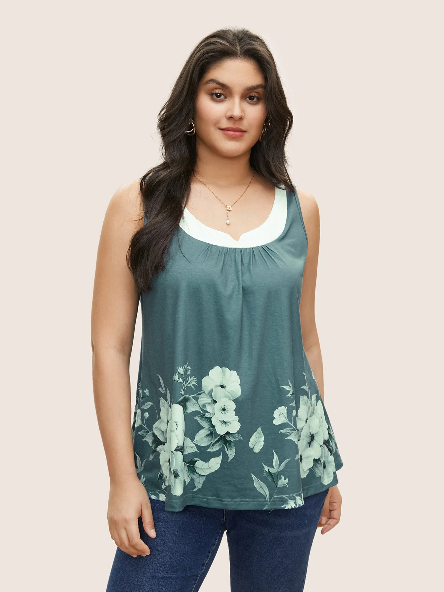 Boho Print Contrast Notched Tank Top sold by Bloomchic