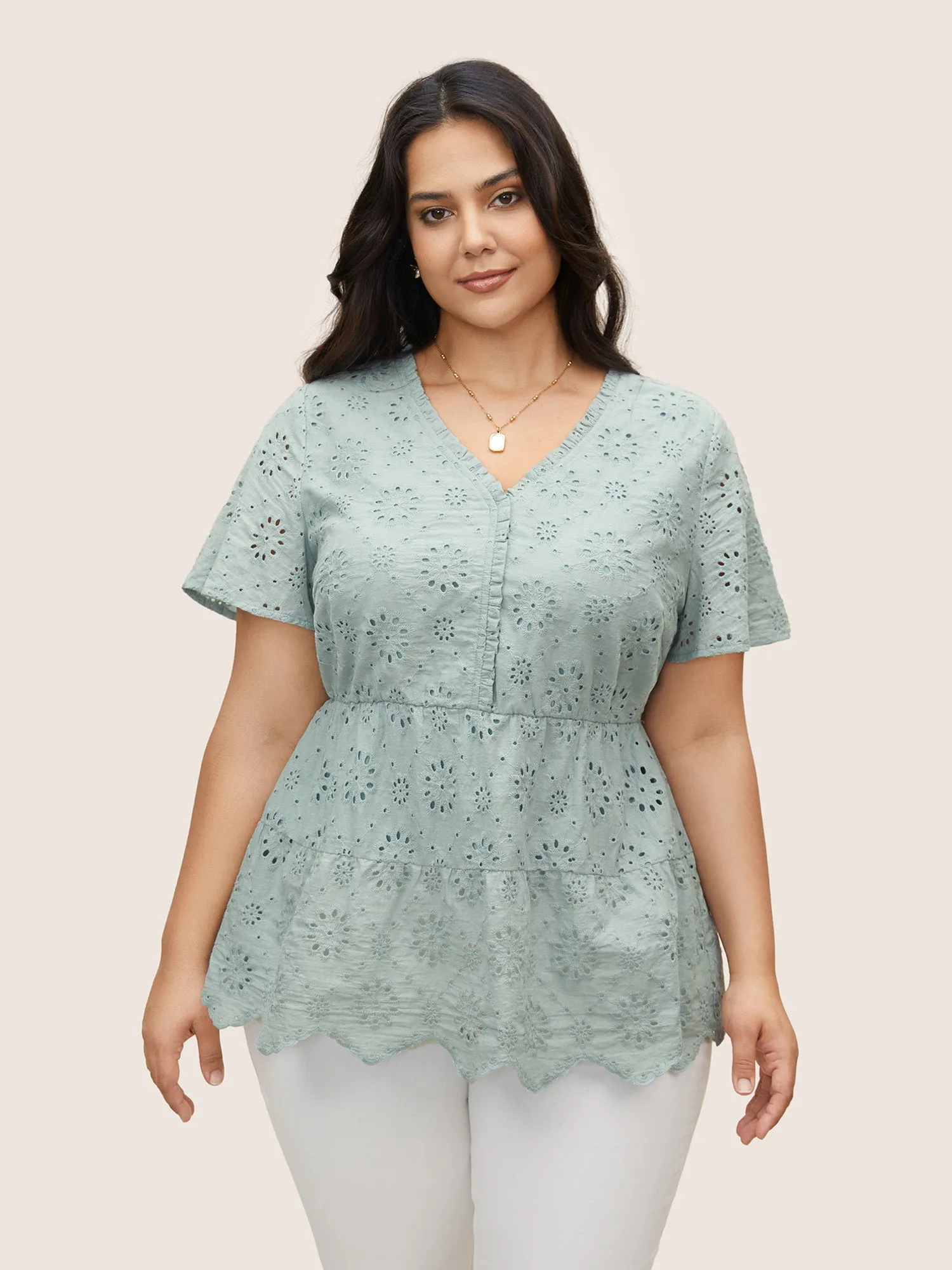 Plain Broderie Anglaise Flutter Sleeve Blouse sold by Bloomchic