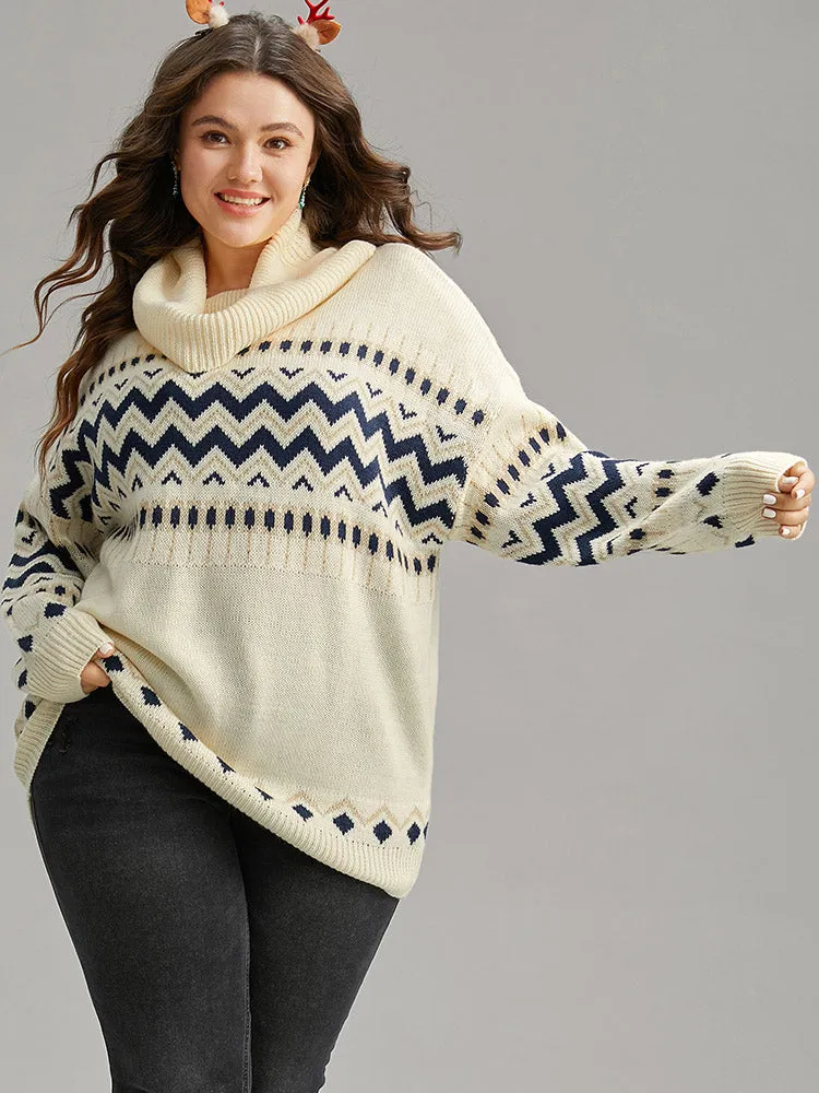 Geometric Contrast Turtleneck Elastic Cuffs Pullover sold by Bloomchic