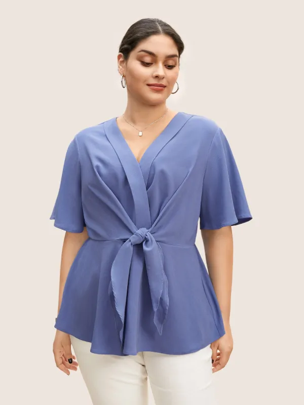 Plain Wrap Ruffle Sleeve Tie Knot Blouse sold by Bloomchic