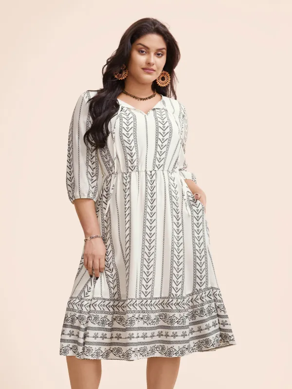 Boho Print Tie Knot Lantern Sleeve Dress sold by Bloomchic