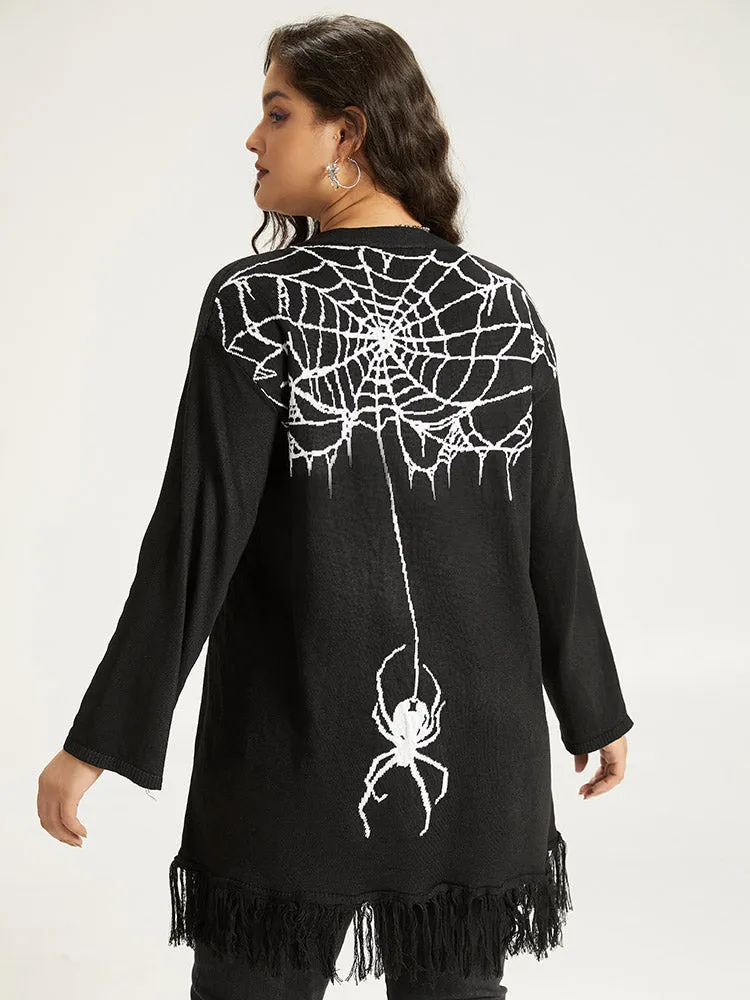 Halloween Spider Print Tassel Trim Open Front Cardigan sold by Bloomchic