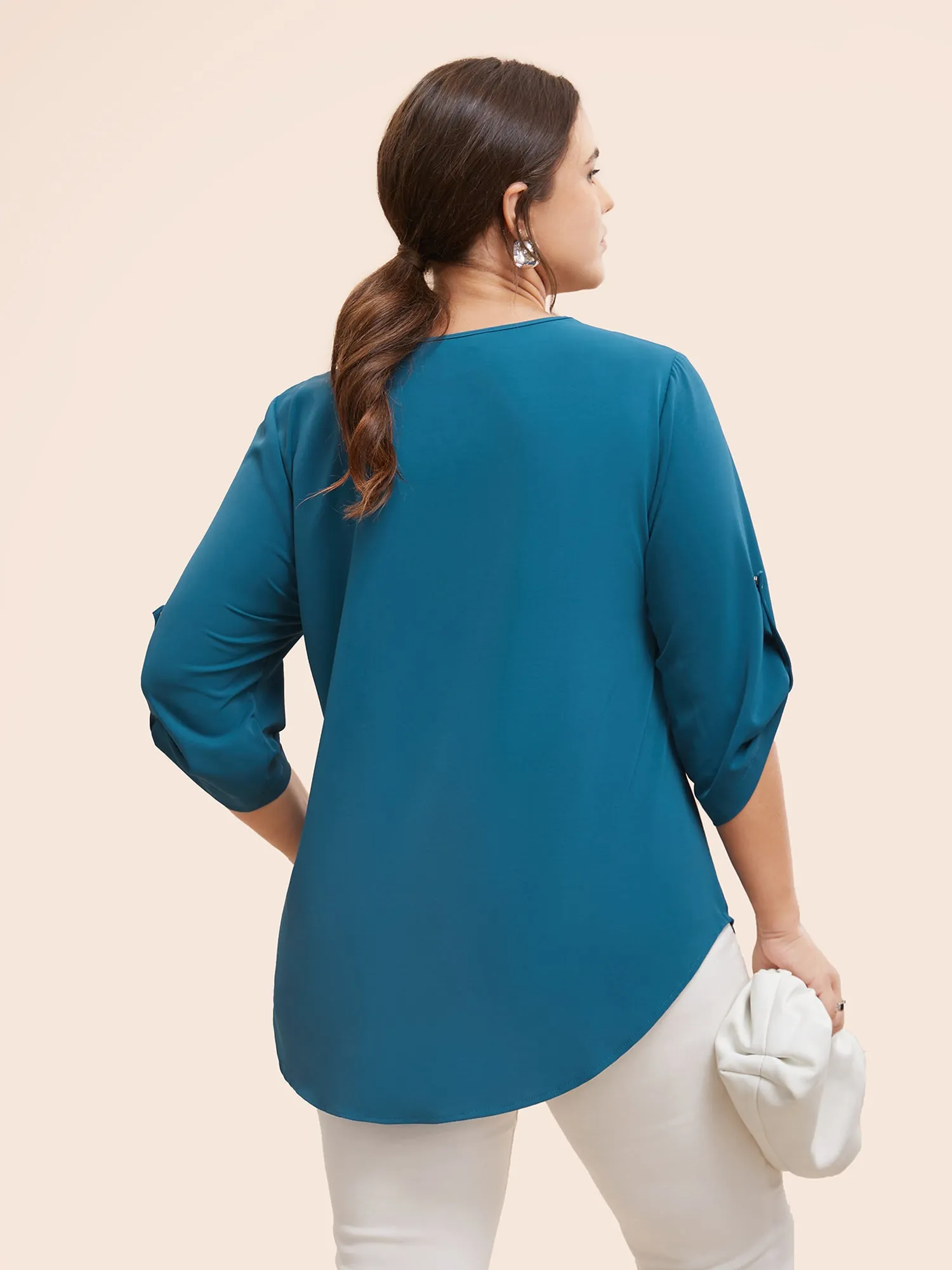 Solid Cuffed Sleeve Gathered Curved Hem Blouse sold by Bloomchic product image thumbnail 4