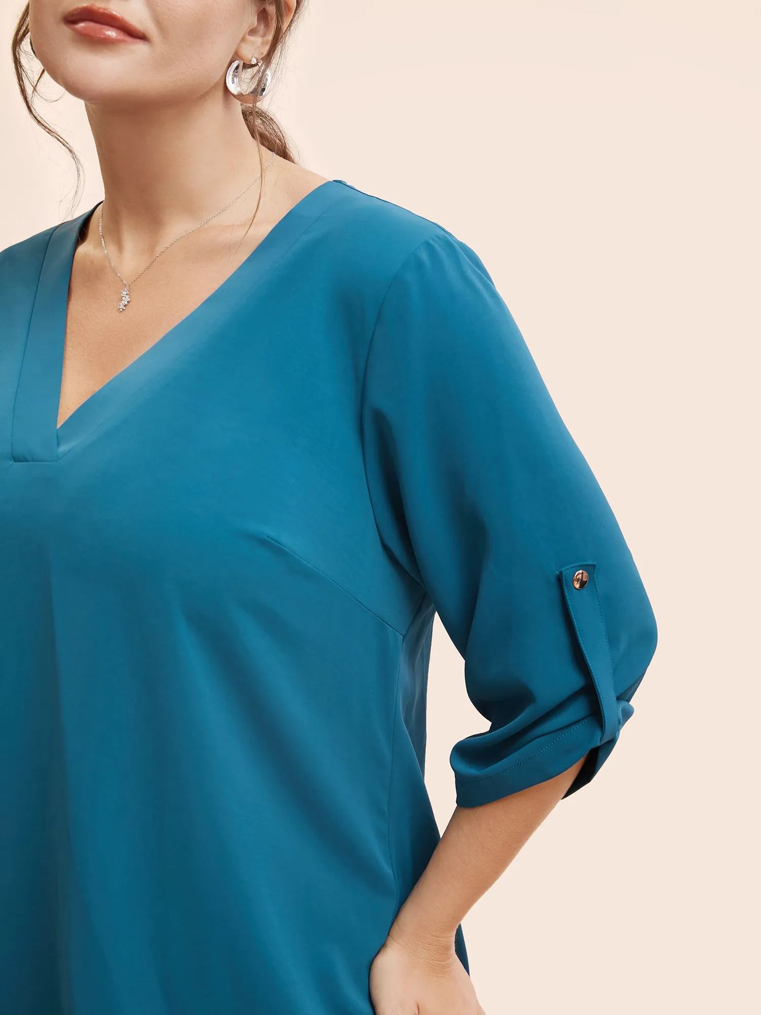 Solid Cuffed Sleeve Gathered Curved Hem Blouse sold by Bloomchic product image thumbnail 5